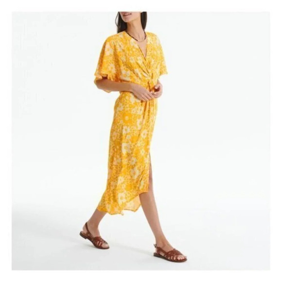 Alma Deia Yellow Print Twist Front Midi Dress NWT 38 M - Picture 1 of 12